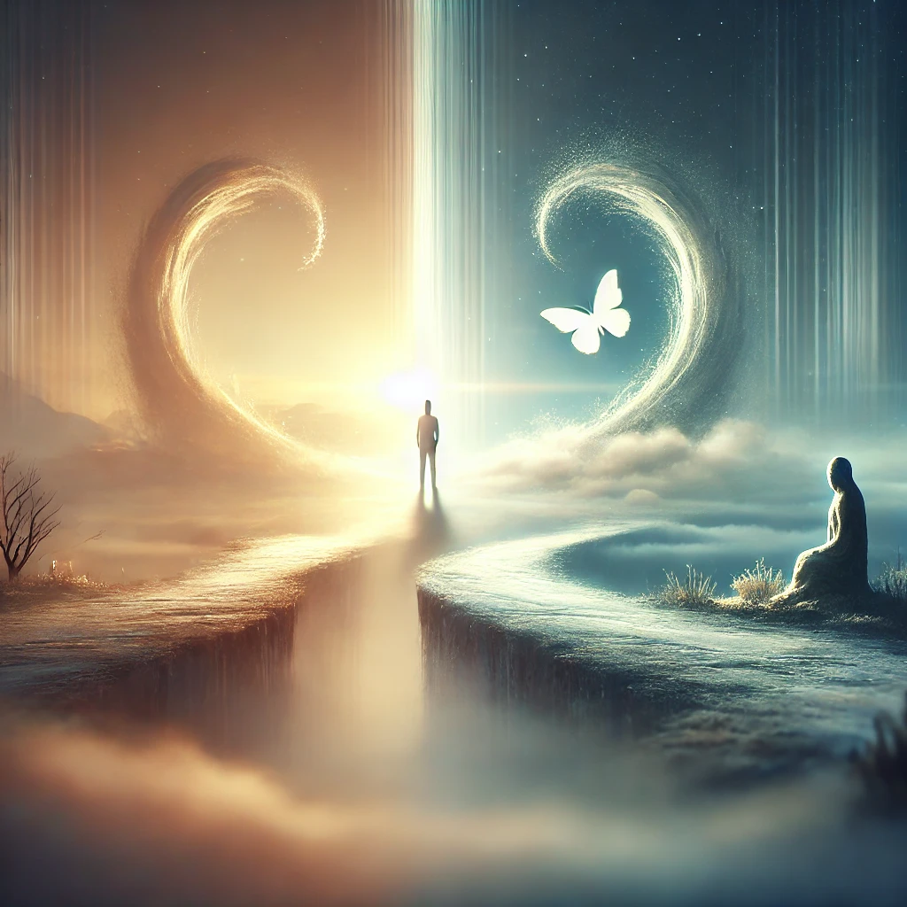 DALL·E 2024 11 01 18.03.50 A serene reflective image symbolizing the themes of life transitions growth and loss. The scene features a lone figure standing at a crossroads su